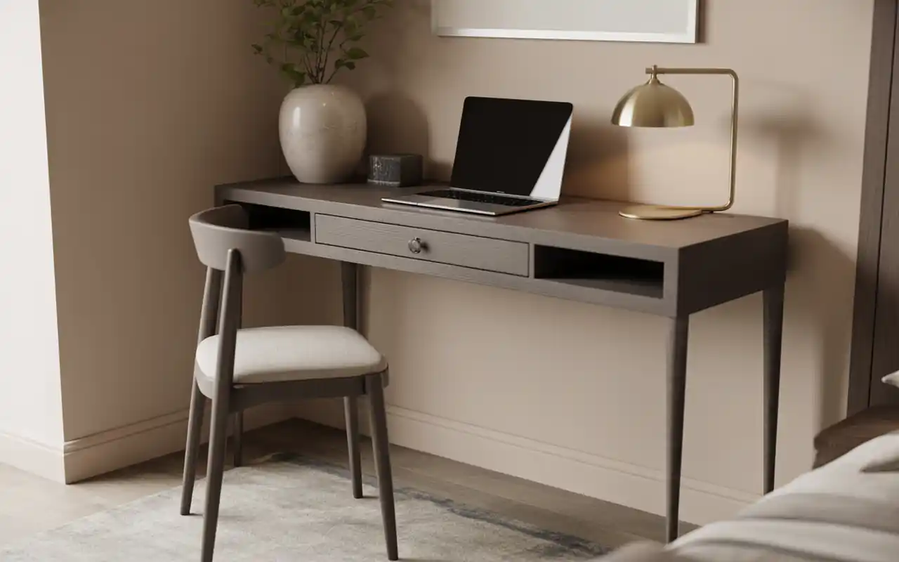 A slim console table used as a desk in a small bedroom with a modern chair.