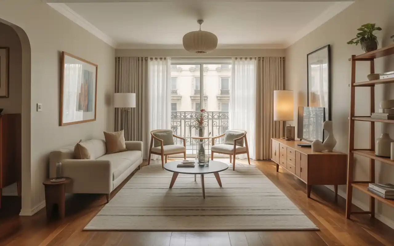 A wide-angle view of a small living room showing an open floor plan and leggy furniture.