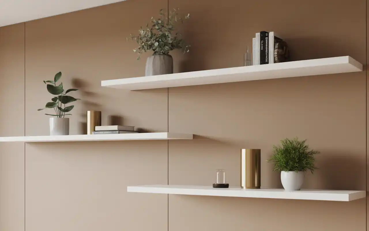 Floating white shelves on a living room wall holding books and minimalist decor.