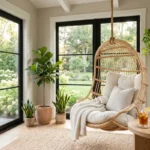 A luxurious small sunroom with a hanging rattan chair and warm greige decor.