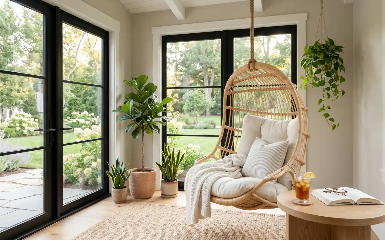 A luxurious small sunroom with a hanging rattan chair and warm greige decor.