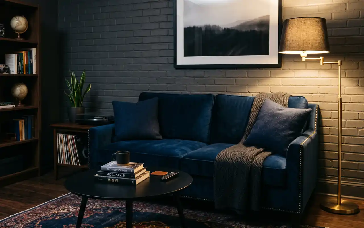 A sophisticated lounge area in a man cave with a navy rug and built-in coffee station.
