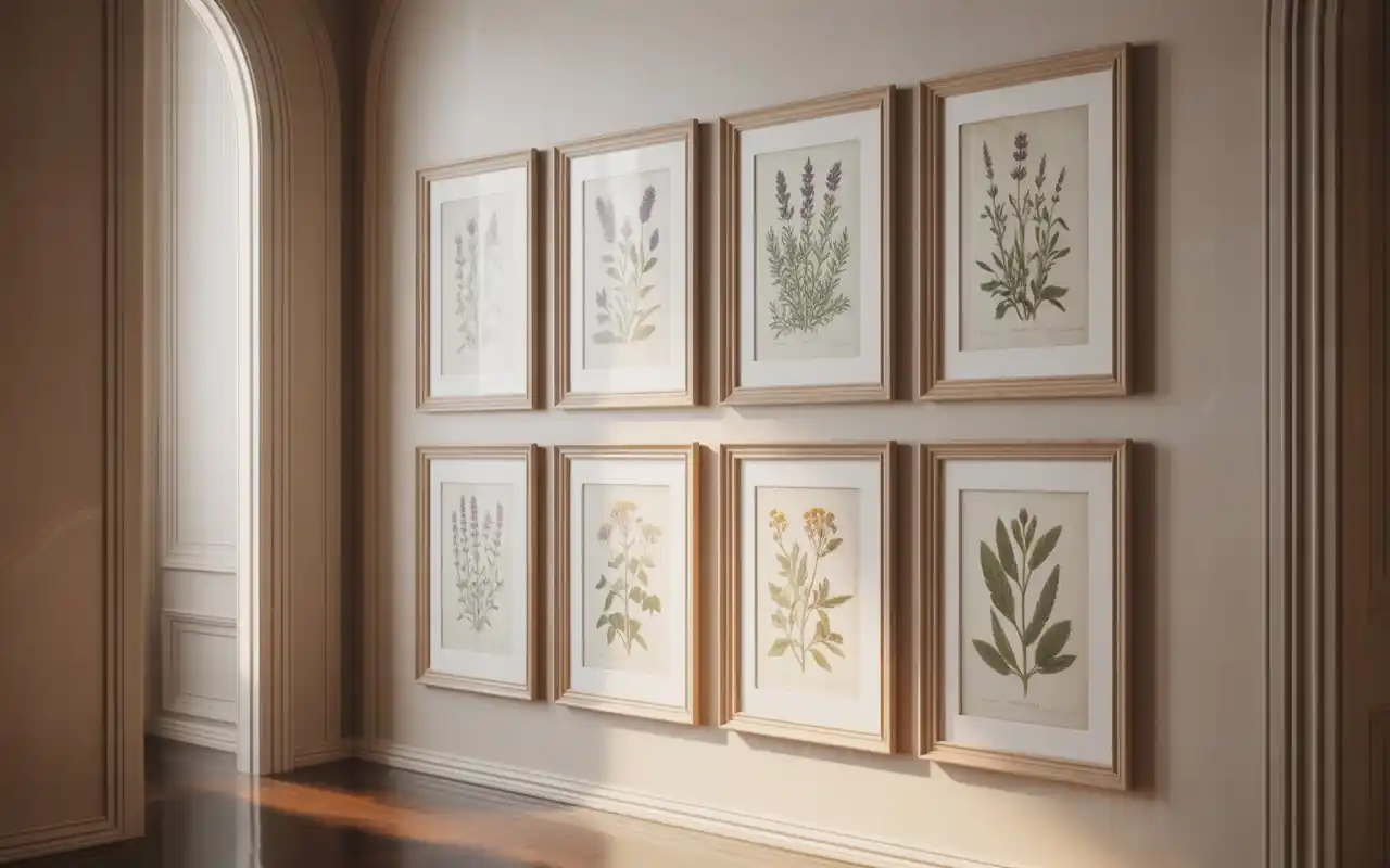 A gallery wall featuring vintage-style botanical prints and light wood frames.