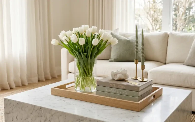 A luxurious spring coffee table styled with white tulips, brass accents, and designer books.