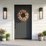 A lush spring wreath with pink and white flowers on a navy blue front door.