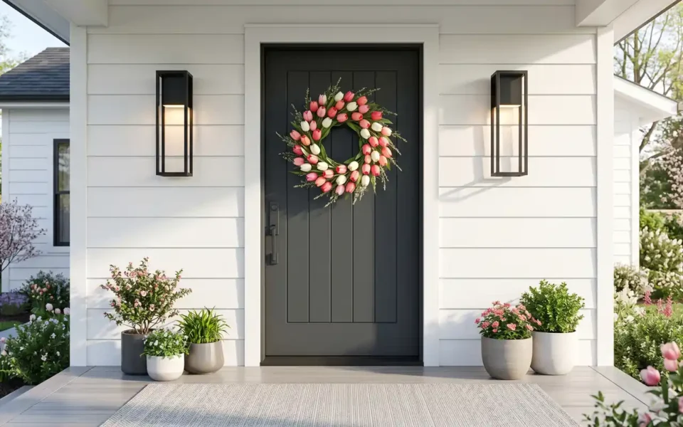 A lush spring wreath with pink and white flowers on a navy blue front door.