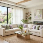 A bright, airy living room with a cream sofa, green plants, and soft pastel pillows.