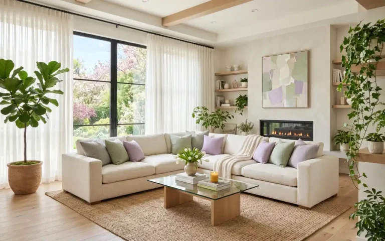 A bright, airy living room with a cream sofa, green plants, and soft pastel pillows.