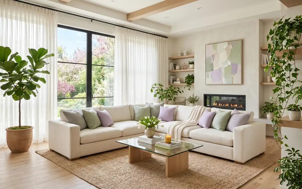 A bright, airy living room with a cream sofa, green plants, and soft pastel pillows.