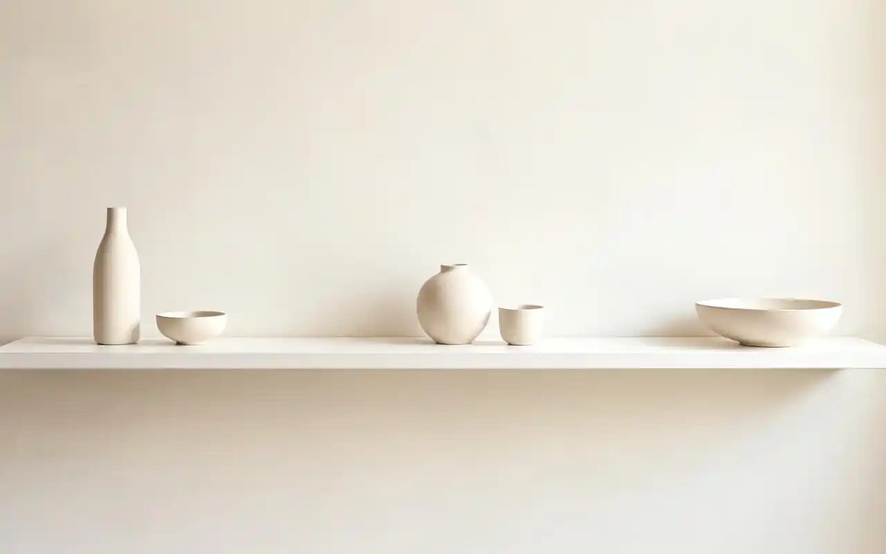 A shelf with intentional empty space between a few high-quality ceramic vases.