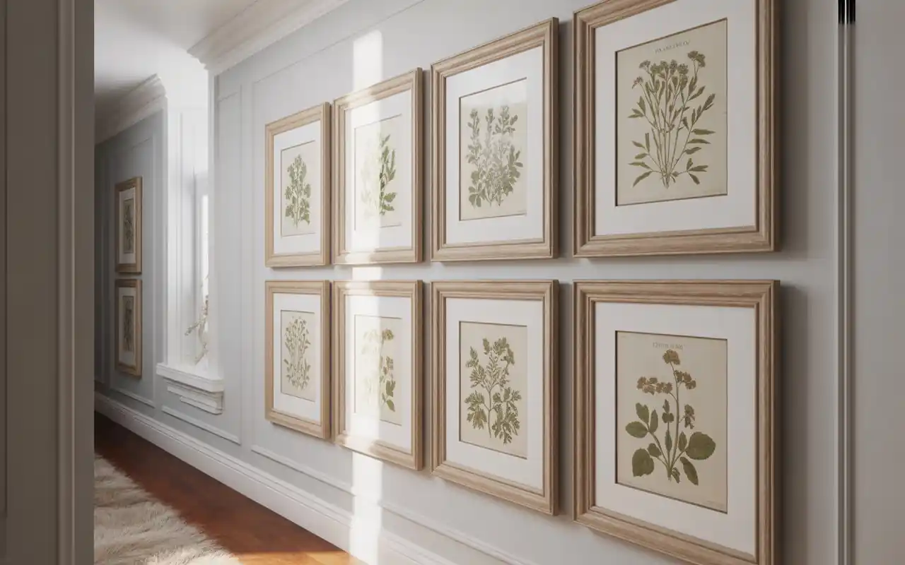 A bedroom with sage green bedding, white linen curtains, and a vase of pink tulips.