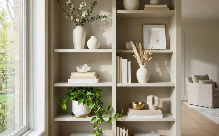 A luxurious modern shelving unit styled with white ceramics, green plants, and brass accents.