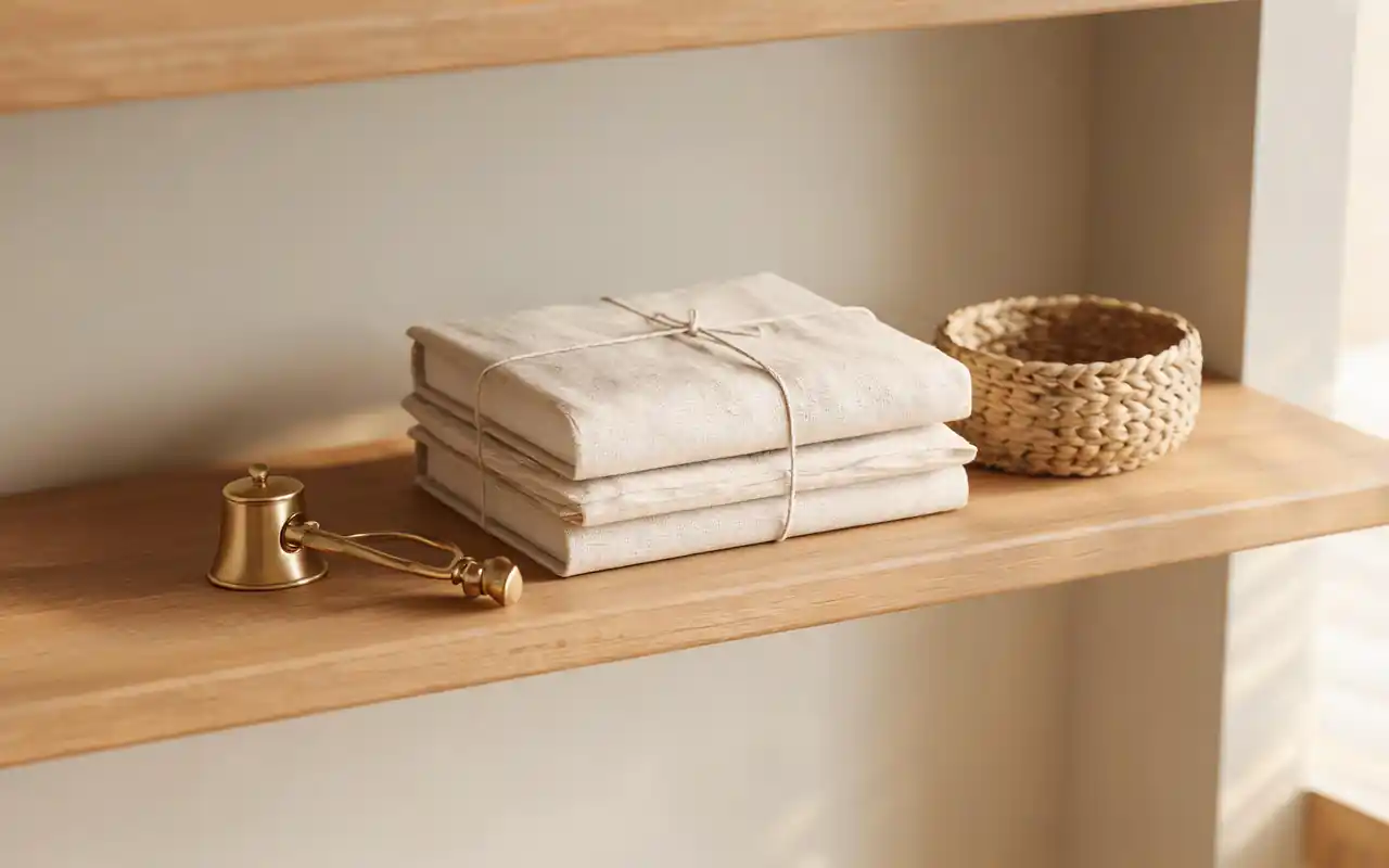 A stack of books topped with a brushed brass sculpture and a small woven basket.