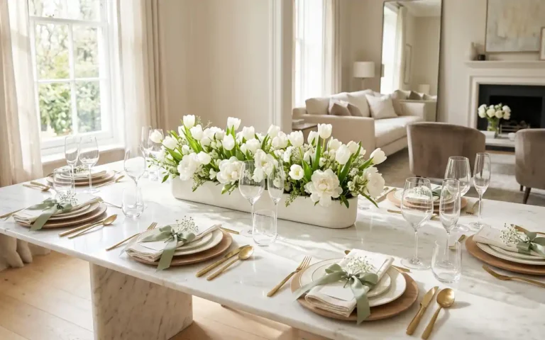 A luxurious spring tablescape with white tulips, gold cutlery, and linen linens on a marble table.