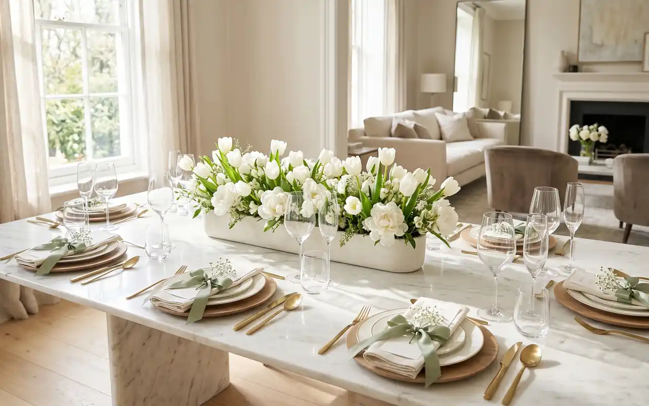 A luxurious spring tablescape with white tulips, gold cutlery, and linen linens on a marble table.