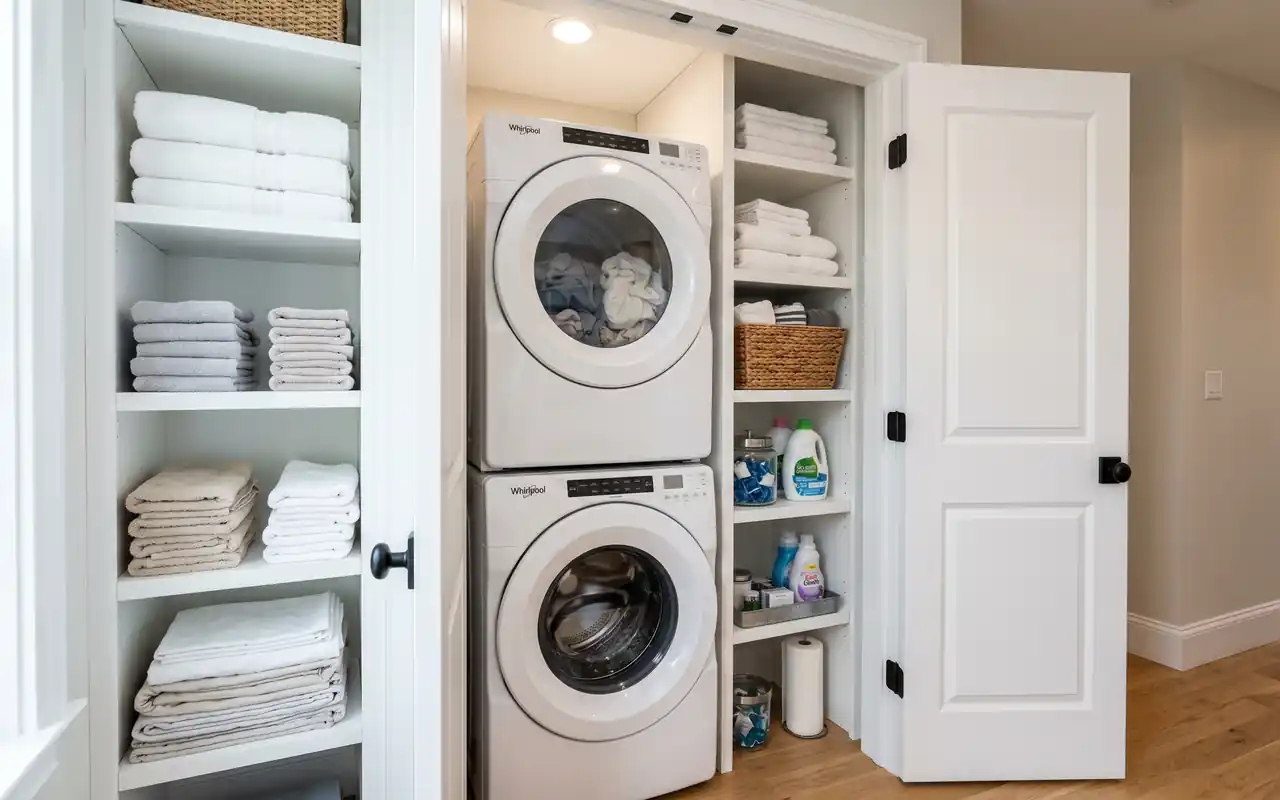 White stacked washer and dryer in a narrow closet with vertical shelving.
