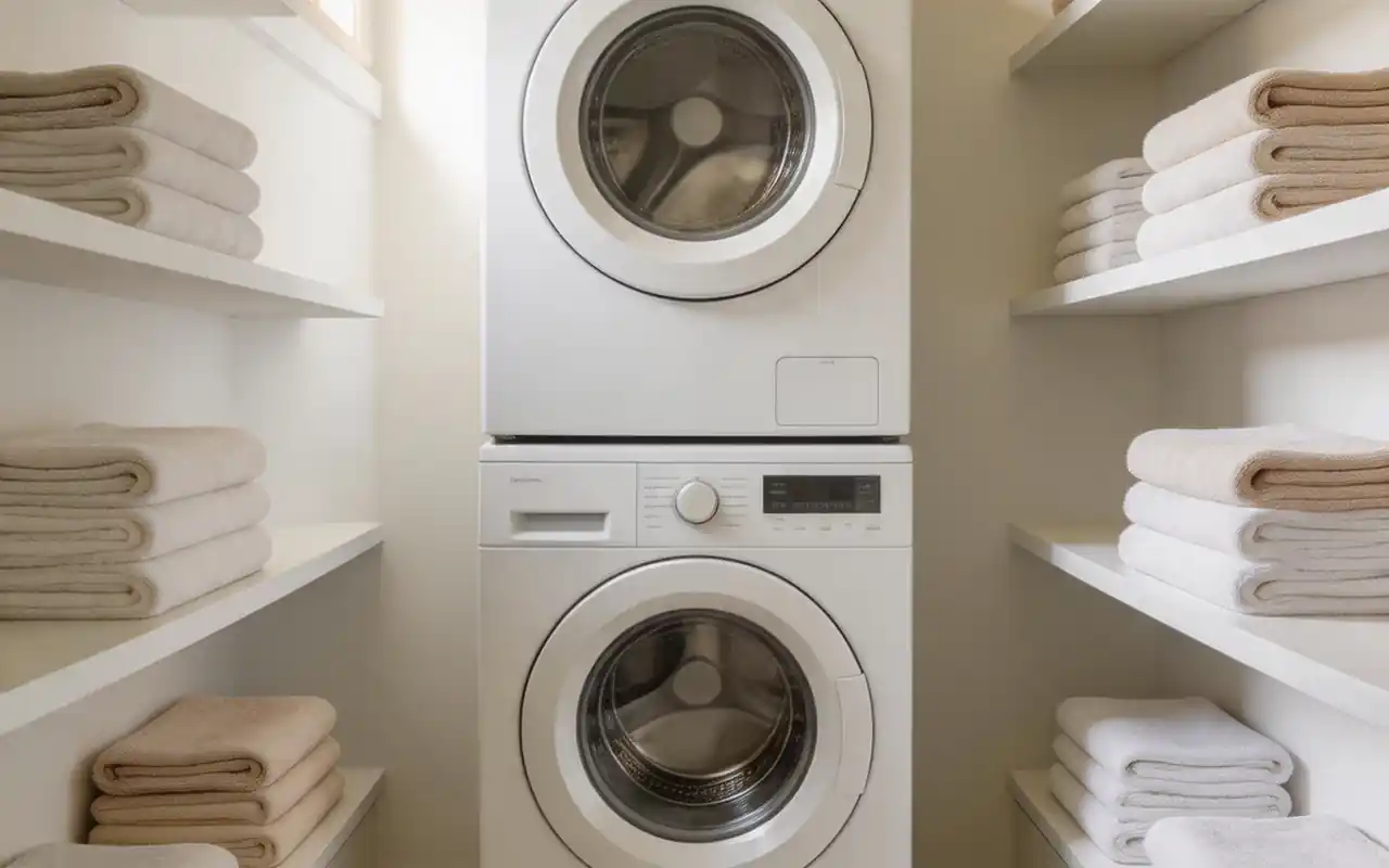 Modern front-loading washer and dryer stacked inside a narrow white closet with shelving.