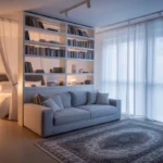 Modern studio apartment with a bookshelf divider and defined living zones