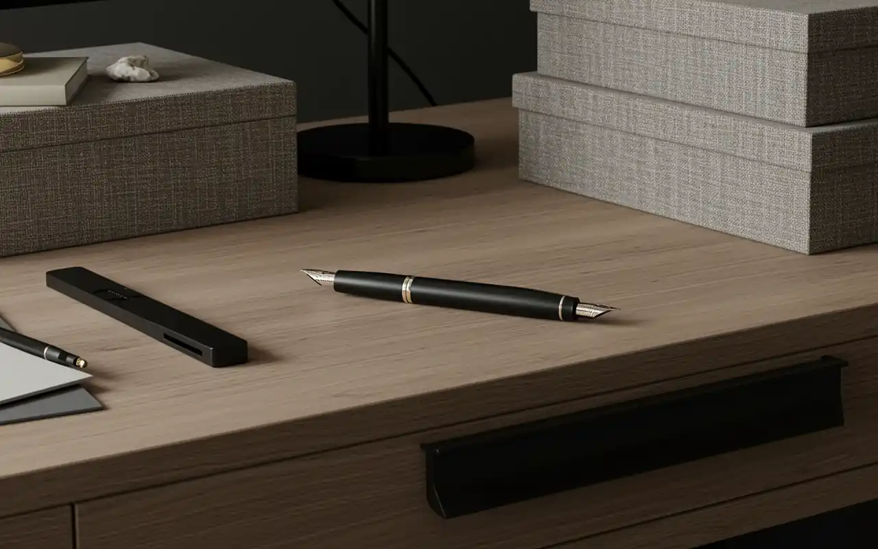 Close-up of matte black desk accessories, a leather blotter, and organized linen boxes.