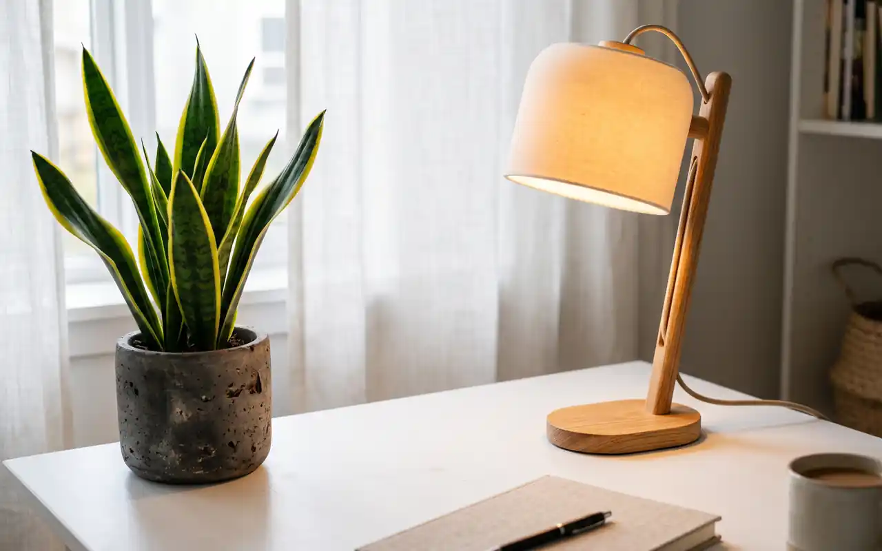 A modern desk setup featuring a snake plant in a stone pot and a soft oak desk lamp.