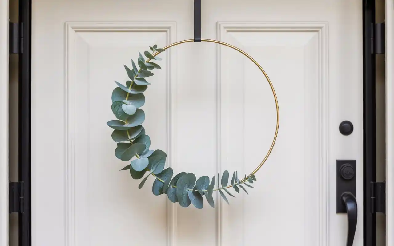 A contemporary wreath made of faux succulents and green moss.