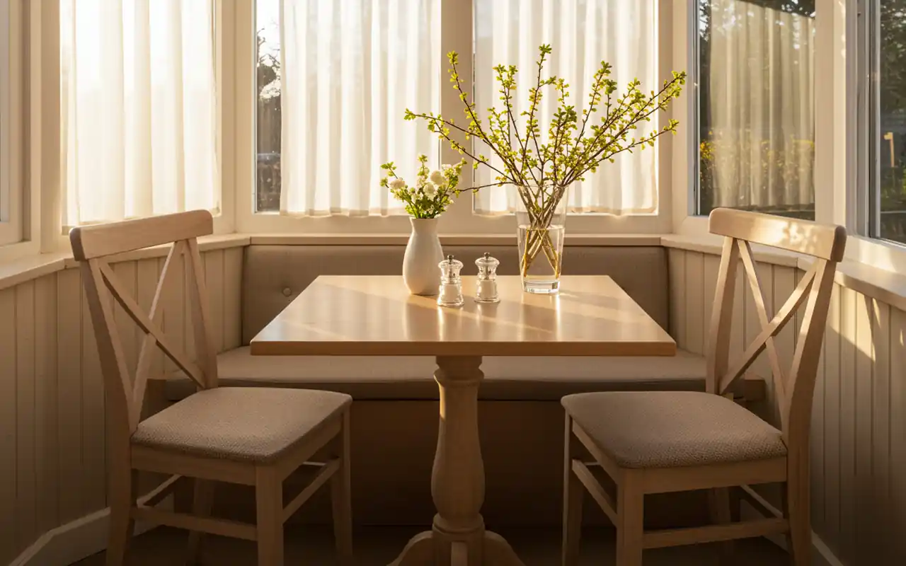 A small bistro dining set in a sunroom corner surrounded by glass walls and greenery.