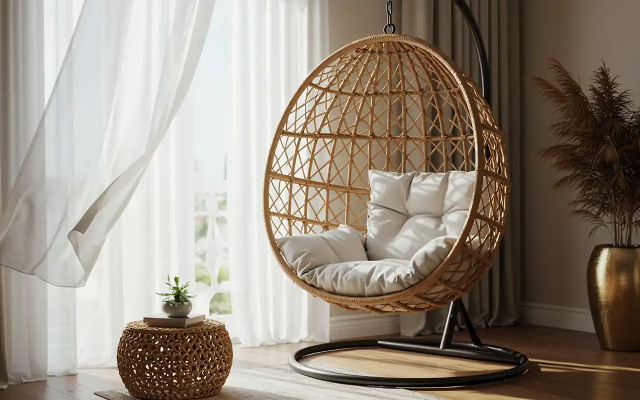 A stylish rattan hanging egg chair in a sunroom with soft linen curtains in the background.