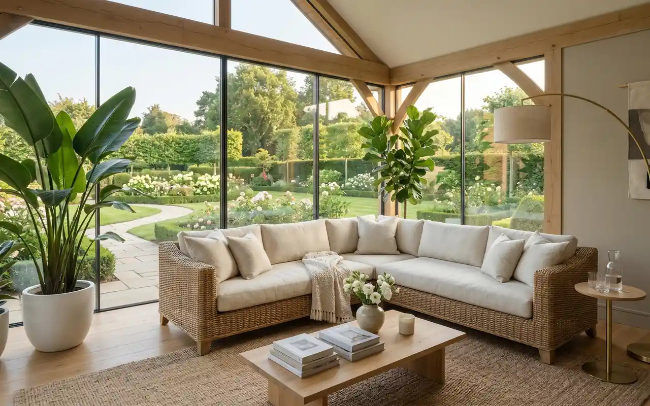 A bright sunroom showing a soft white palette and various layered light sources.