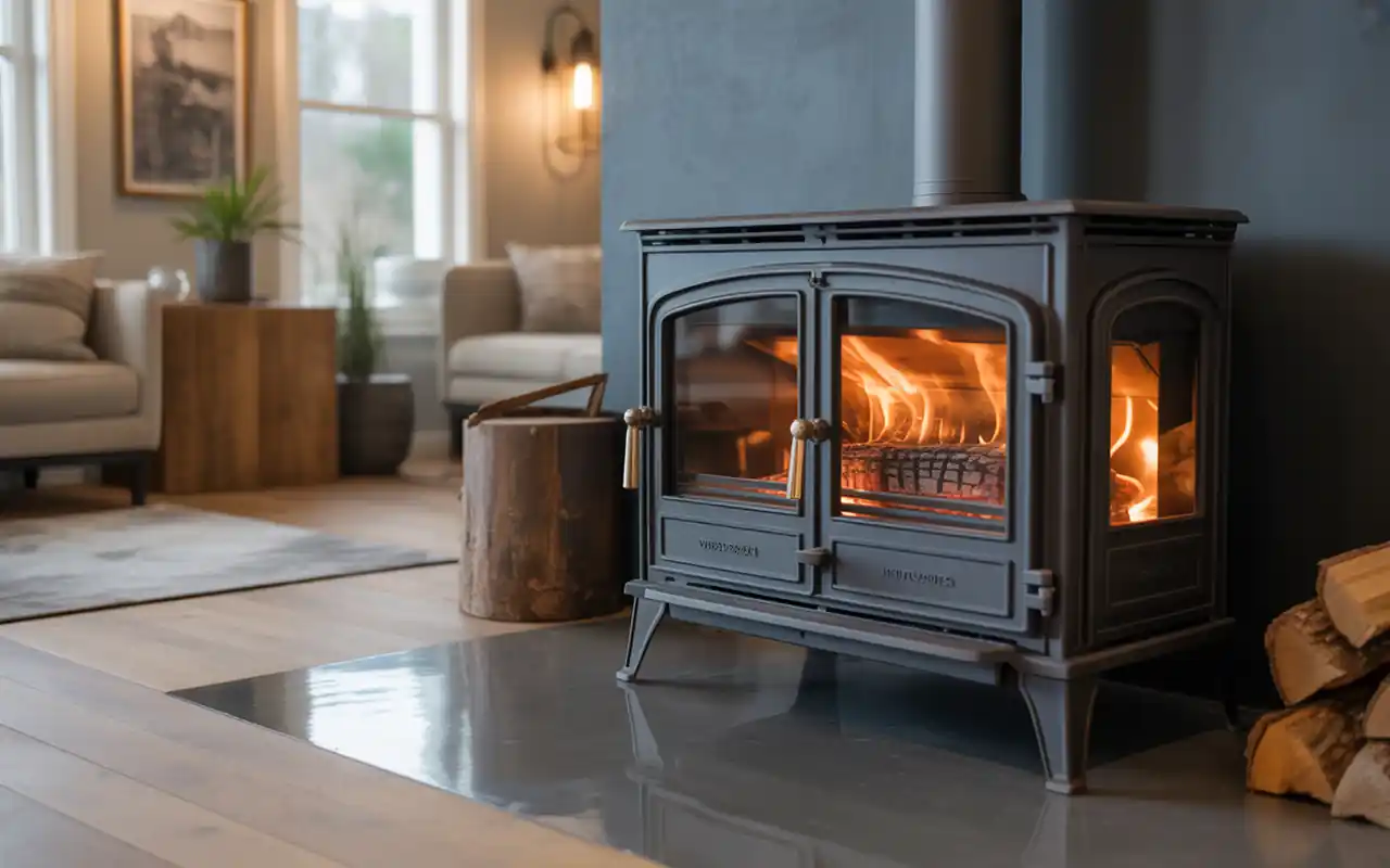 Close-up of polished concrete floors and a modern wood-burning stove in a small barn home.