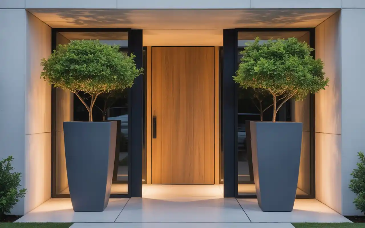 Two tall grey planters with evergreen trees framing a modern wood front door.
