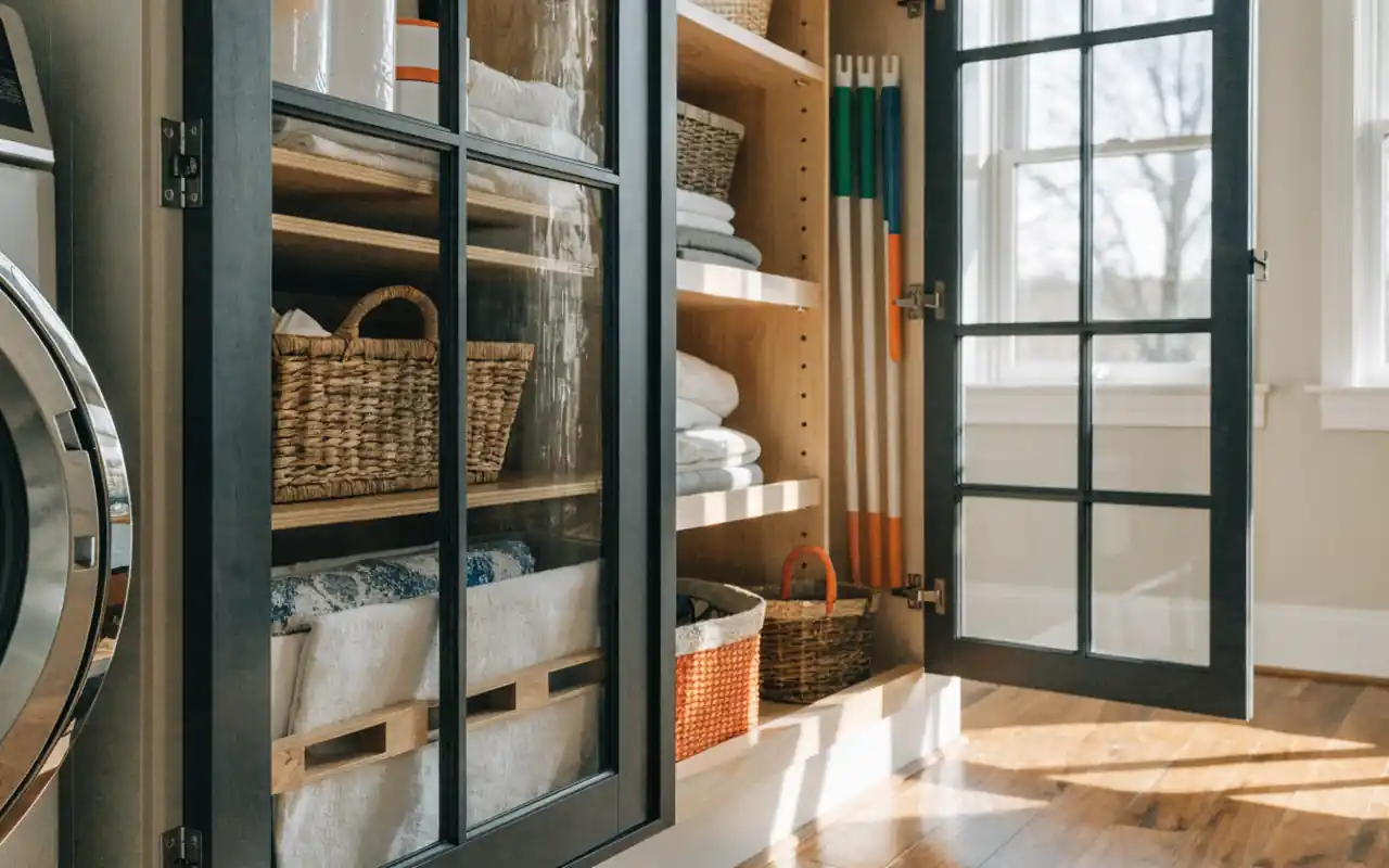 A tall open utility cabinet showing organized storage for a vacuum, mop, and ironing board.