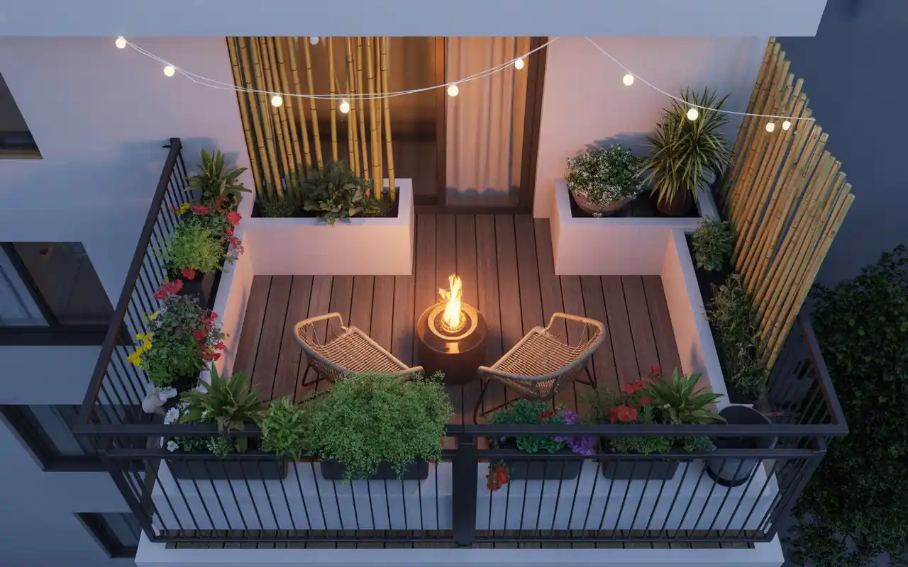 A cozy terrace at night with a small fire pit table and string lights