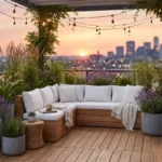 A lush terrace garden with a wooden bench and many green plants