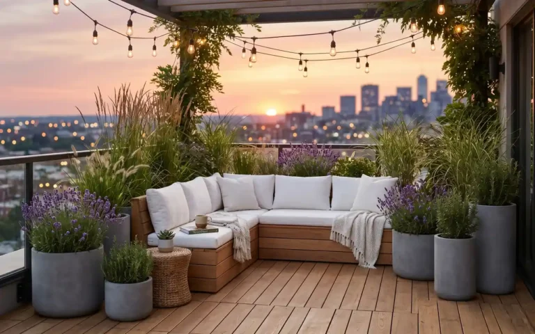 A lush terrace garden with a wooden bench and many green plants