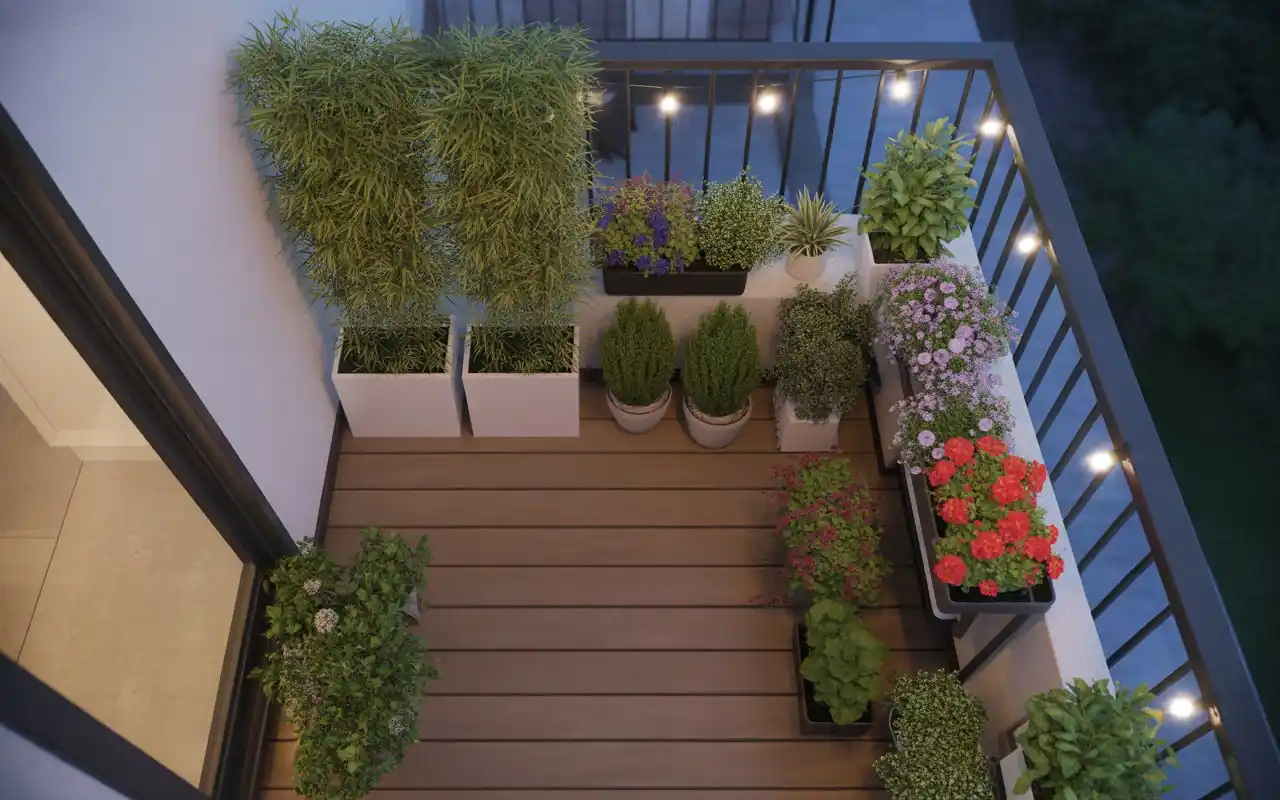A balcony layout showing planters placed along the edges to keep the center open