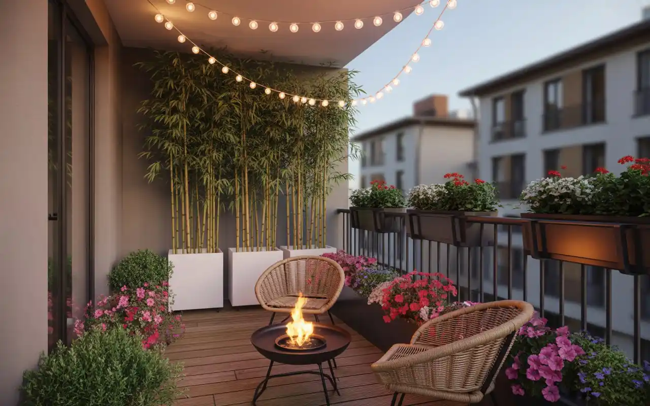 Bright pink flowers in boxes hanging from a black terrace railing
