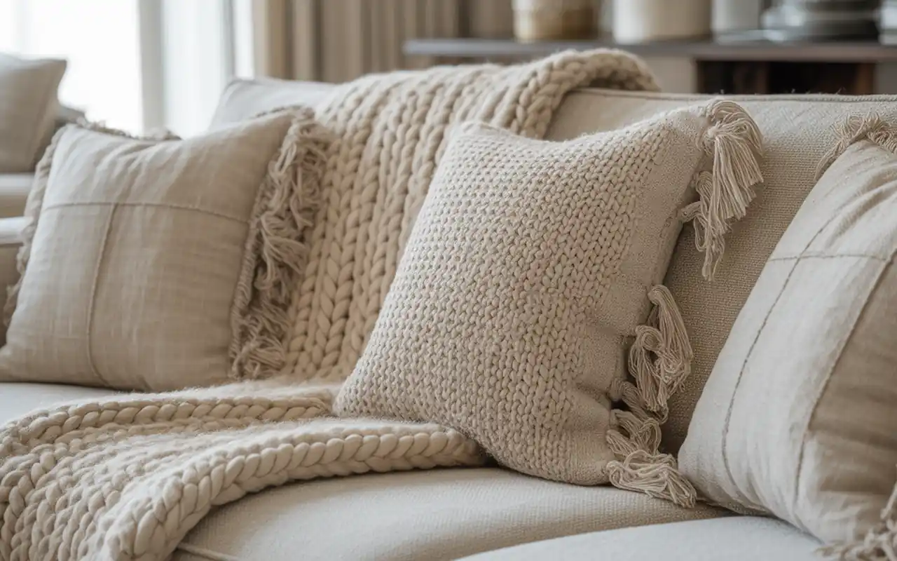 A close-up of textured linen pillows and a chunky knit throw on a soft gray sofa.