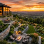 A modern sloped backyard with stone terraces, a fire pit, and lush green plants.