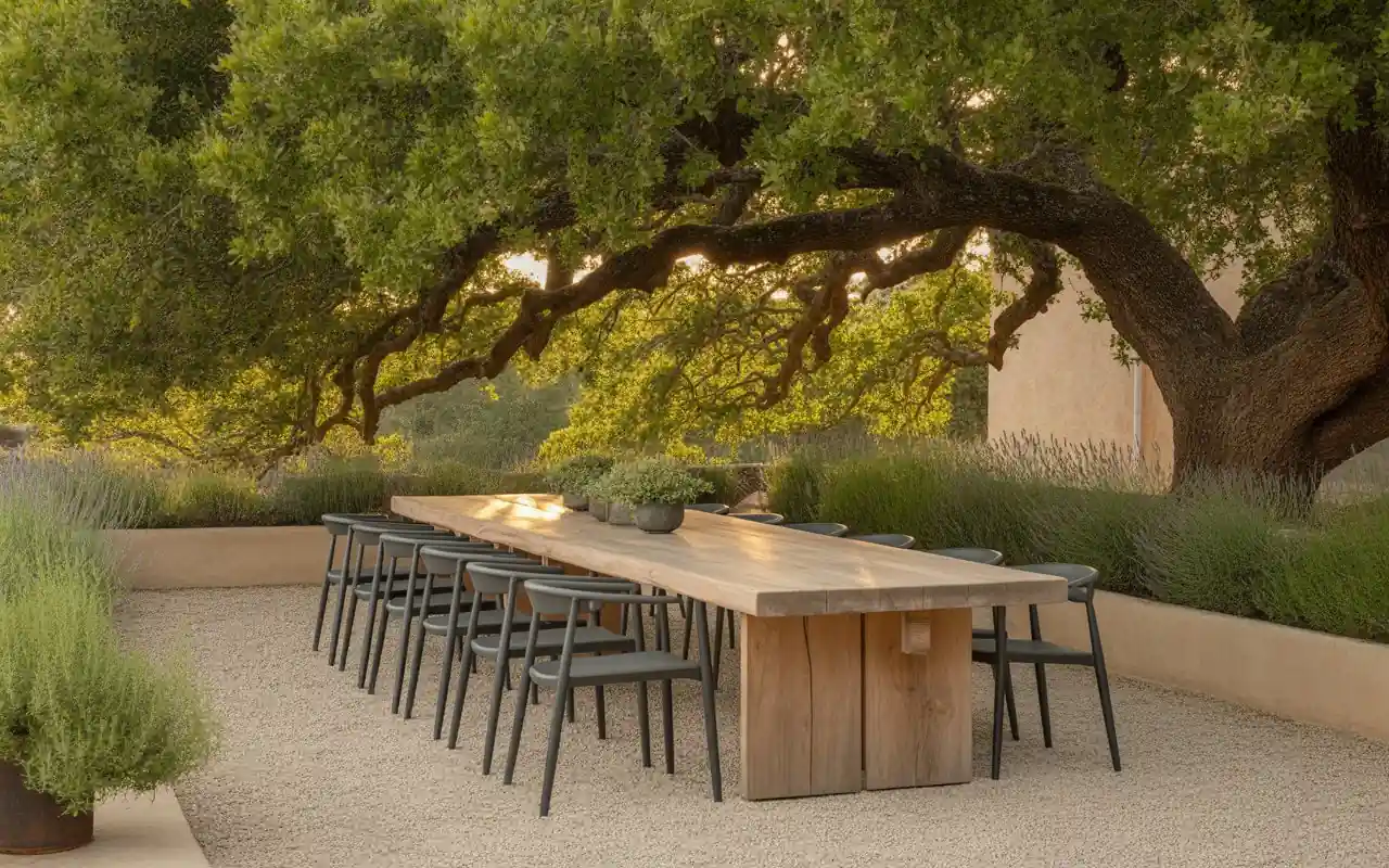 A collection of white and black planters at different heights filled with ferns and flowers on a patio.