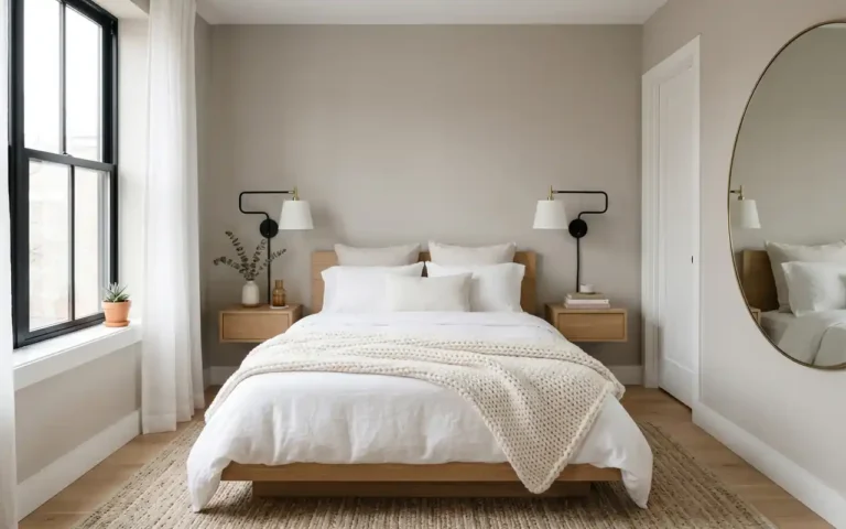 Minimalist tiny guest bedroom with warm greige walls and white bedding.