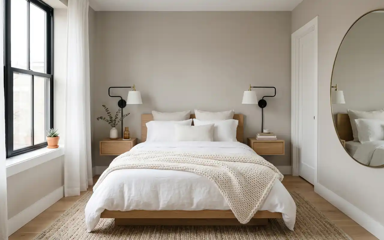 Minimalist tiny guest bedroom with warm greige walls and white bedding.