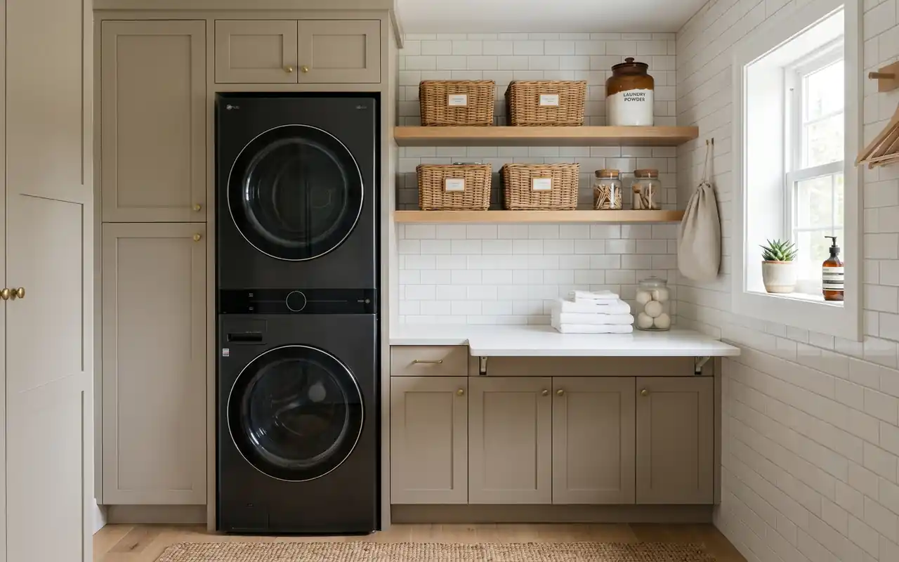 A luxurious tiny laundry room with white cabinets, gold hardware, and stacked appliances.