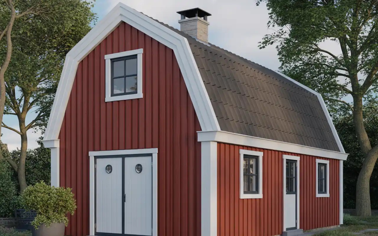 A small, classic red barn cottage with white trim and a small stone chimney in a rural landscape.