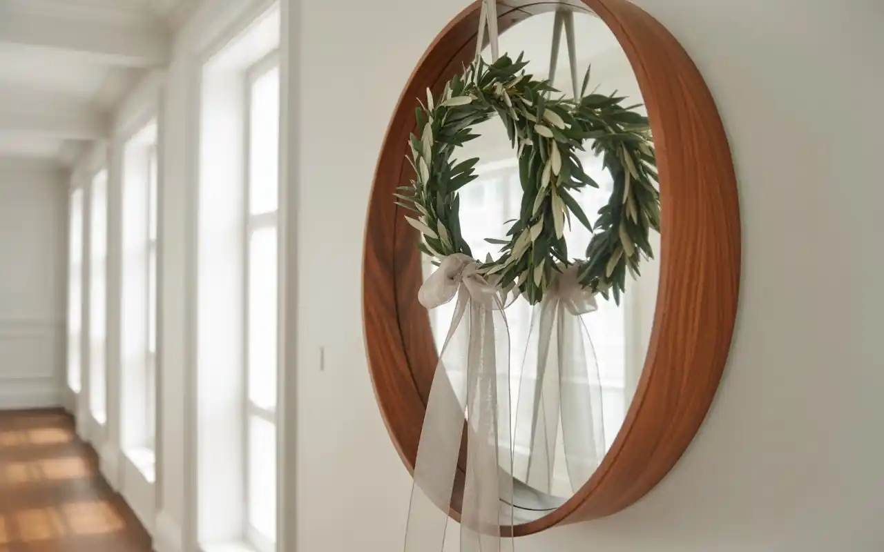 A tightly packed wreath of pink and orange tulips on a grey front door.
