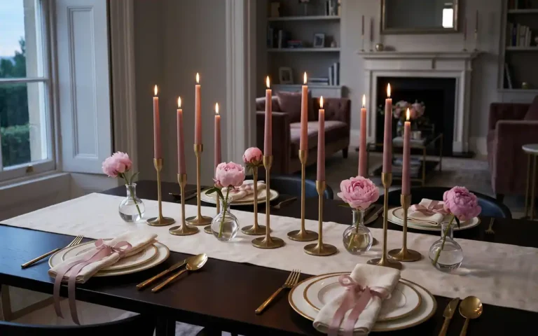 A luxurious Valentine's tablescape with blush linens, gold accents, and many taper candles.
