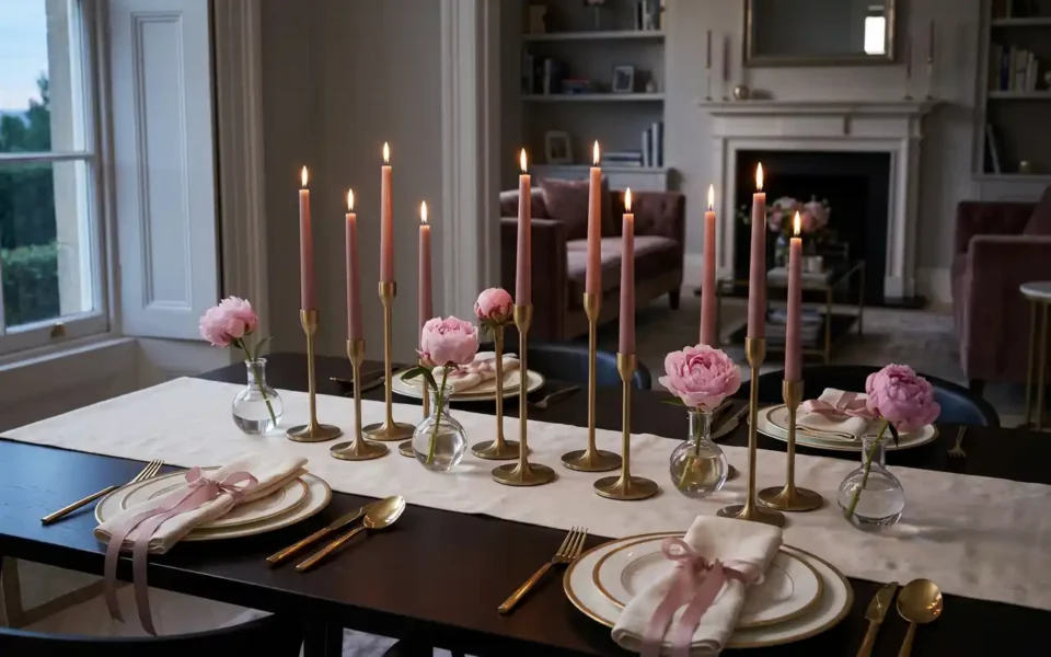 A luxurious Valentine's tablescape with blush linens, gold accents, and many taper candles.