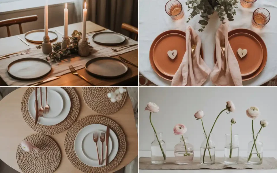 Romantic natural Valentine's Day table setting with linen and candles