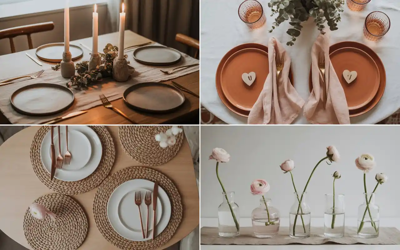 Romantic natural Valentine's Day table setting with linen and candles