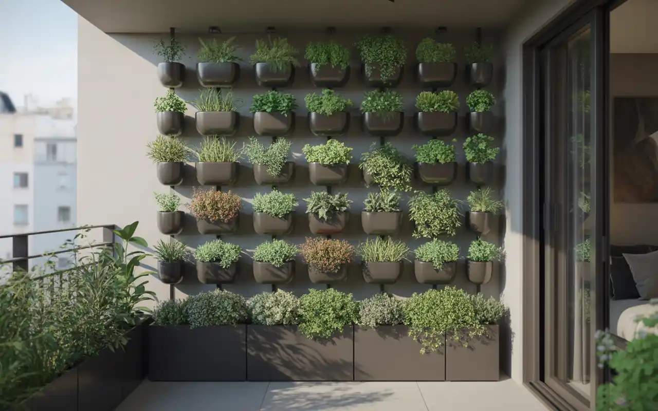 A lush vertical garden wall on a small balcony with herbs and trailing ivy.