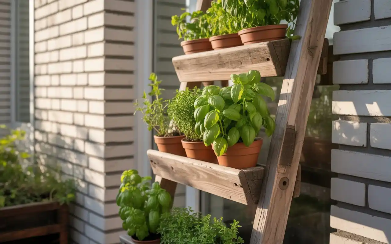 A wooden ladder leaning against a balcony wall holding several herb pots.